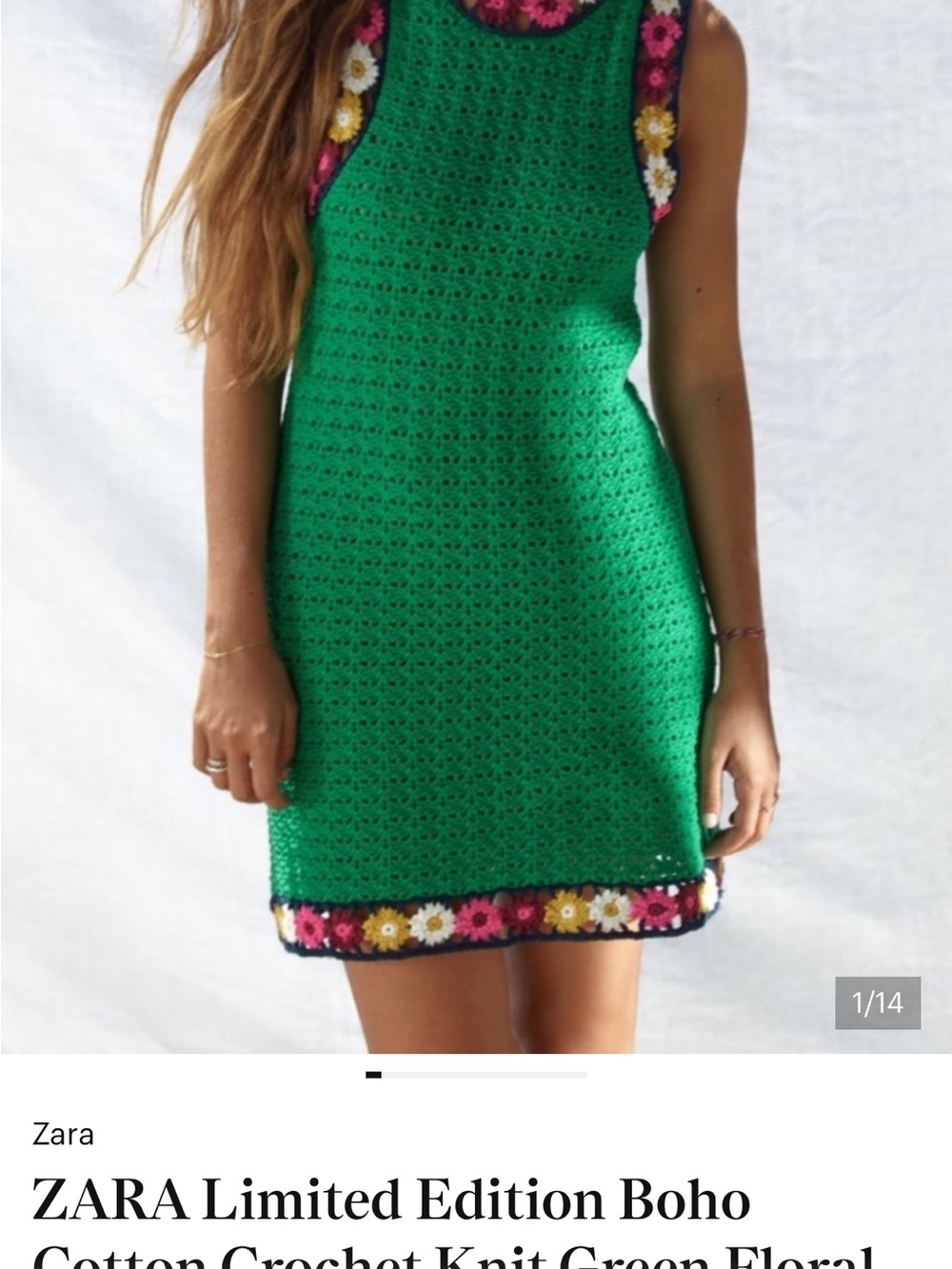 ZARA Limited Edition Boho Cotton Crochet Knit Green Floral Trim Retro Mini Dress